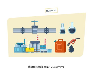 Oil industry concept. Oil pipe and communications, oil, gasoline in a tank and a column, an industrial plant. Vector illustration isolated.