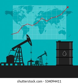 Concepto de industria petrolera. Gráfico y gráfico del aumento del precio del petróleo con antecedentes cartográficos mundiales. ilustración vectorial.