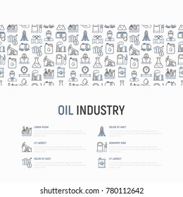 Oil industry concept with thin line icons: gas, petroleum, diesel,  truck, tanker, ship, refinery, barrel. Modern vector illustration, web page template.