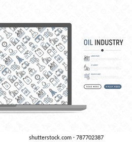 Oil industry concept with thin line icons: gas, petroleum, diesel,  truck, tanker, ship, refinery, barrel. Modern vector illustration, web page template.