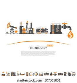 Oil industry Concept with Two Color Flat Icons extraction production and transportation oil and petrol. isolated vector illustration.