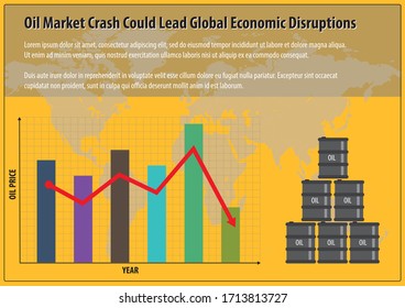 Oil industry concept. Vector of crude oil price down financial graph and chart with world map on background.