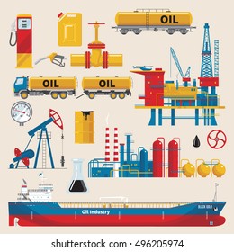 Oil industry decorative icons set with extractive sea platform ship and railway tank pipeline isolated vector illustration    