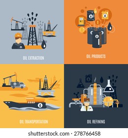 Oil industry design concept set with products extraction transportation and refining flat icons isolated vector illustration
