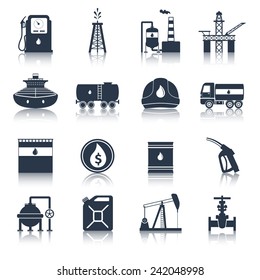 Oil industry diesel canister fuel tanker gas terminal icons black set isolated vector illustration