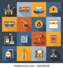 Oil industry drilling gas terminal fuel canister icons flat set isolated vector illustration