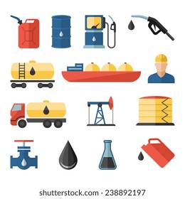 Indústria petrolífera processo de refinação de transporte de petróleo Ícones planos definidos com ilustração vetorial isolada plana e de bomba