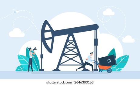 Industrie pétrolière. Industrie des sources énergétiques. Exploration de champs pétrolifères avec derrick rig, production d'énergie et de pétrole. Des personnes minuscules contrôlent l'extraction du pétrole brut, le travail de forage de la citrouille. Illustration vectorielle