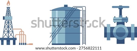 Oil industry equipment vector illustration with drilling rig storage tank pipeline valve petroleum engineering energy production industrial technology concept