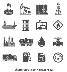 Oil industry extraction production and transportation oil and petrol Black Icons Set with oilman, rig and barrels. Isolated vector illustration.