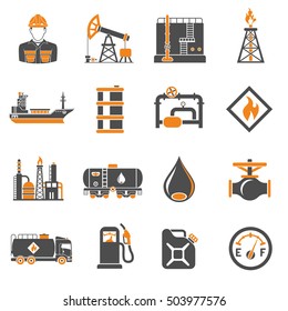 Oil industry extraction production and transportation oil and petrol Two Color Icons Set with oilman, rig and barrels. Isolated vector illustration.