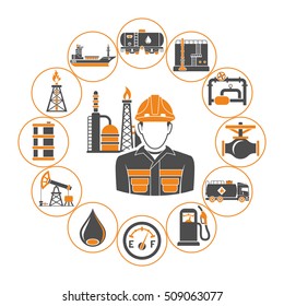 Oil industry extraction production and transportation oil and petrol Concept Two Color Icons Set with oilman, rig and barrels. Isolated vector illustration.
