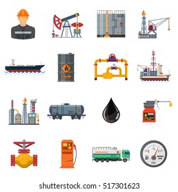 Oil industry extraction production and transportation oil and petrol Flat Icons Set with oilman, rig and barrels. Isolated vector illustration.