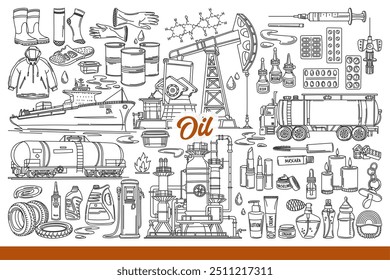 La industria petrolera extrae petróleo y produce gasolina o artículos de plástico. Barco y plataforma petrolera cerca de medicamentos y cosméticos o jeringas creadas a partir de subproductos de la industria del combustible. Dibujado a mano.