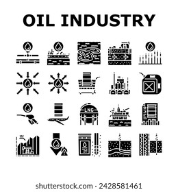 oil industry factory gas plant icons set vector. energy refinery, production power, pipe environment, chemical fuel worker oil industry factory gas plant glyph pictogram Illustrations