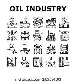 oil industry factory gas plant icons set vector. energy refinery, production power, pipe environment, chemical fuel worker oil industry factory gas plant black contour illustrations