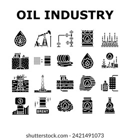 oil industry factory plant icons set vector. refinery energy, production power, pipe environment, chemical, fuel, worker engineer oil industry factory plant glyph pictogram Illustrations