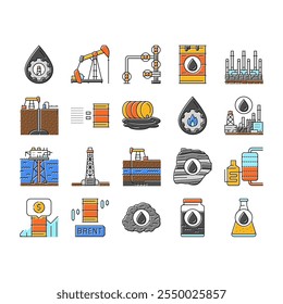 indústria do óleo fábrica planta ícones definir vetor. energia de refinaria, poder de produção, ambiente de tubulação, química, combustível, trabalhador engenheiro indústria do petróleo fábrica planta linha de cor ilustrações