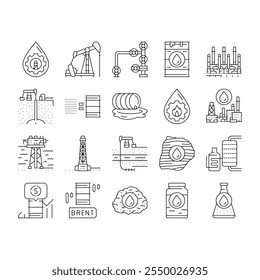 oil industry factory plant icons set vector. refinery energy, production power, pipe environment, chemical, fuel, worker engineer oil industry factory plant black contour illustrations