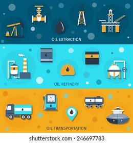 Oil industry flat banners set with extraction refinery transportation elements isolated vector illustration