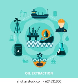 Oil industry flat composition with off-shore petroleum production icons and silhouette images with human character vector illustration