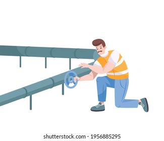 Oil industry flat composition with throttle on tube held by worker character vector illustration