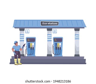 Oil industry flat composition with view of automobile gas station with human character of worker vector illustration