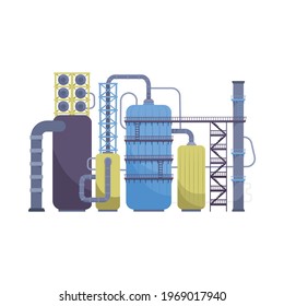 Composición plana de la industria petrolera con respecto a la maquinaria de las refinerías de petróleo con tubos y tanques ilustración vectorial