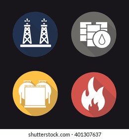 Oil industry flat design long shadow icons set. Oil rig, barrels and storage. Flammable sign. Vector symbols