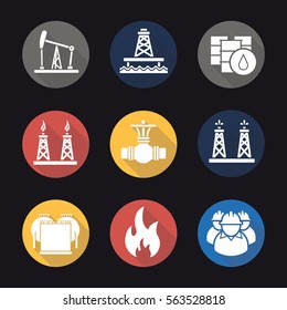 Oil industry flat design long shadow icons set. Pump jack, barrels, pipe valve, gas and fuel production platforms, oil reservoir, flammable sign, industrial workers. Vector silhouette illustration
