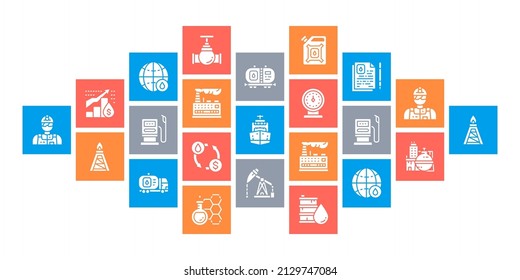 Oil industry flat design web banner. Fuel Truck, Engineer, Gasoline, Cargo Ship line icons isolated on white background.