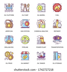Oil industry flat icons set. Oil platform and pump, chemical analysis, power plant and pipeline, tanker transportation, drilling rig line pictograms for mobile app. Fuel production vector icon pack.