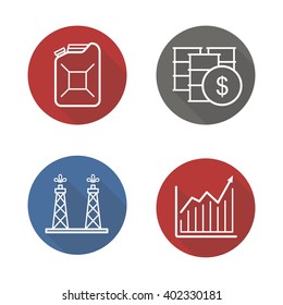 Oil industry flat linear long shadow icons set. Oil rig, barrels trade, petrol jerrycan and price growth chart. Vector