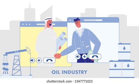Oil Industry Flat Vector Web Banner with Text. Businessmen Making Deal. International Agreement. Cooperation, Collaboration. Business Partners. Online Conference. Petroleum Refinery Factory
