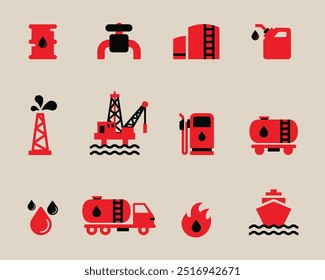 Indústria de petróleo, óleo e gás conjunto de ícones editáveis. Petróleo, gás, refinaria, plataforma offshore, petróleo, indústria, lubrificante, barril de petróleo e bomba de gás. Ilustração vetorial