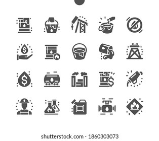 Oil Industry and gas. Fuel industry. Gasoline. Factory in operation. Producing material for development. Extraction of petroleum. Petrol canister. Vector Solid Icons. Simple Pictogram