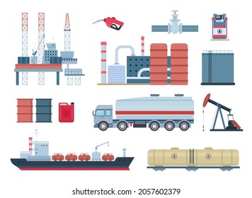 Oil industry and gas production elements, refinery and drilling platform. Fuel transportation, tank truck and ship. Petroleum rig vector set. Refinery, plant industrial or chemical equipment