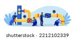 Oil industry, gas production. Operators control oil and gas transportation from plant with oil pipeline. Fossil resource. Fuel products. Engineers in workwear inspect petroleum pipelines