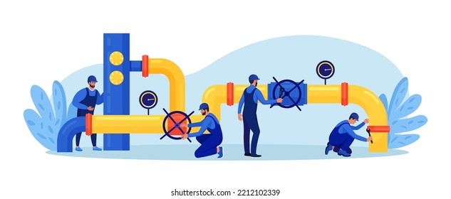 Oil industry, gas production. Operators control oil and gas transportation from plant with oil pipeline. Fossil resource. Fuel products. Engineers in workwear inspect petroleum pipelines