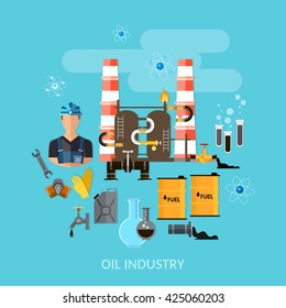 Oil industry gas station refining extraction and processing of oil products petroleum products vector illustration 