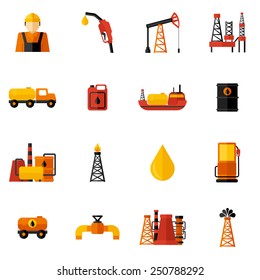 Oil industry gasoline processing drilling icons flat set isolated vector illustration