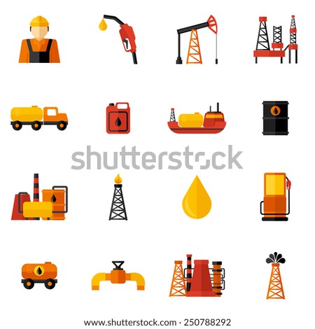 Oil industry gasoline processing drilling icons flat set isolated vector illustration