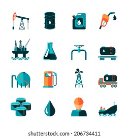 Oil industry gasoline processing symbols icons set in flat style with tanker truck petroleum can and pump isolated vector illustration