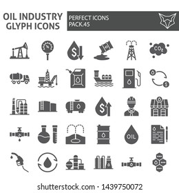 Oil industry glyph icon set, fuel production symbols collection, vector sketches, logo illustrations, nature resources signs solid pictograms package isolated on white background, eps 10.