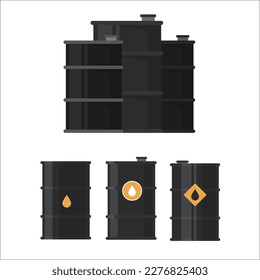 Oil industry. Gold and black barrels with oil drop label on spilled puddle of crude oil.