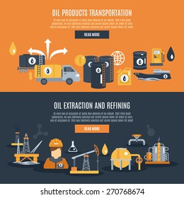 Oil industry horizontal banner set with extraction refining and transportation elements isolated vector illustration