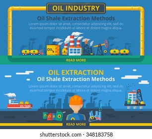 Oil industry horizontal banner set with extraction symbols isolated vector illustration