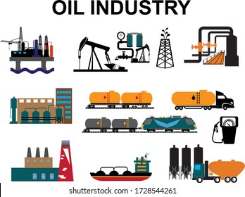 Oil industry Horizontal Banners with Flat Icons extraction refinery and transportation oil and petrol with gas station, rig and barrels. Vector illustration.