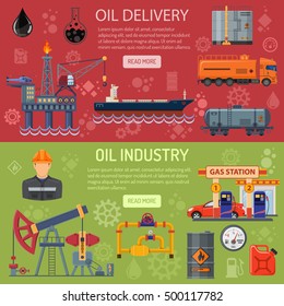 Oil industry Horizontal Banners with Flat Icons extraction production and transportation oil and petrol with oilman, rig and barrels. vector illustration.