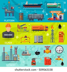 Oil industry Horizontal Banners with Flat Icons extraction refinery and transportation oil and petrol with gas station, rig and barrels. Vector illustration.